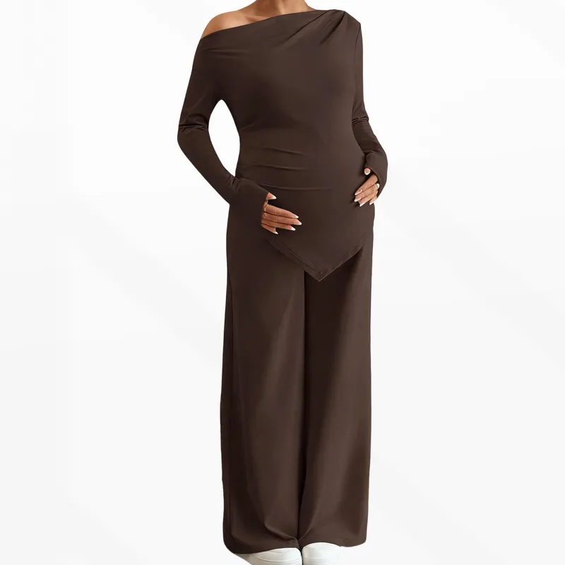 Pregnant Women'S Fashion Casual Autumn Solid Color Off-Shoulder Asymmetric Hem T-Shirt Wide-Leg Pants Two-Piece Set