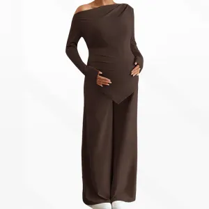 Pregnant Women'S Fashion Casual Autumn Solid Color Off-Shoulder Asymmetric Hem T-Shirt Wide-Leg Pants Two-Piece Set