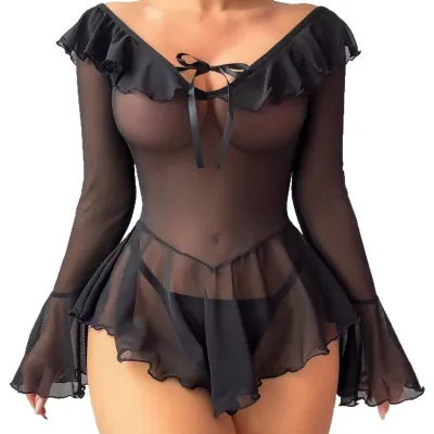 Women Fashion Solid Color Lace Perspective Mesh Off-Shoulder Trumpet Sleeve Sexy Lingerie Set