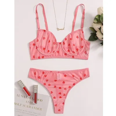 Women Fashion Love Printed Mesh Perspective Sexy Lingerie Set
