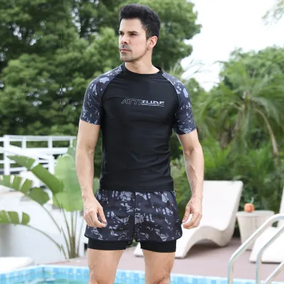 Men'S Fashion Casual Summer Short-Sleeve T-Shirt Double-Layer Swimming Trunks Set