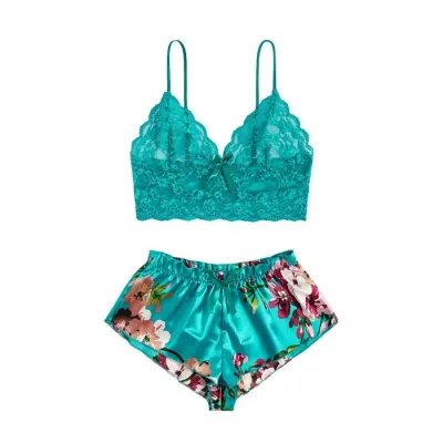 Woen Fashion Solid Colr Lace Floral Lace Bra Flower Printed Sexy Lingerie Two-Piece Set