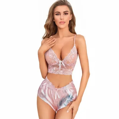 Woen Fashion Solid Colr Lace Floral Lace Bra Flower Printed Sexy Lingerie Two-Piece Set