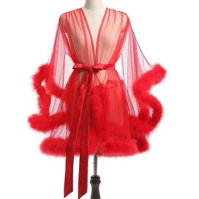 Women Fashion Solid Color Mesh Hollow Perspective Plush Edge One-Piece Nightgown Sexy Lingerie