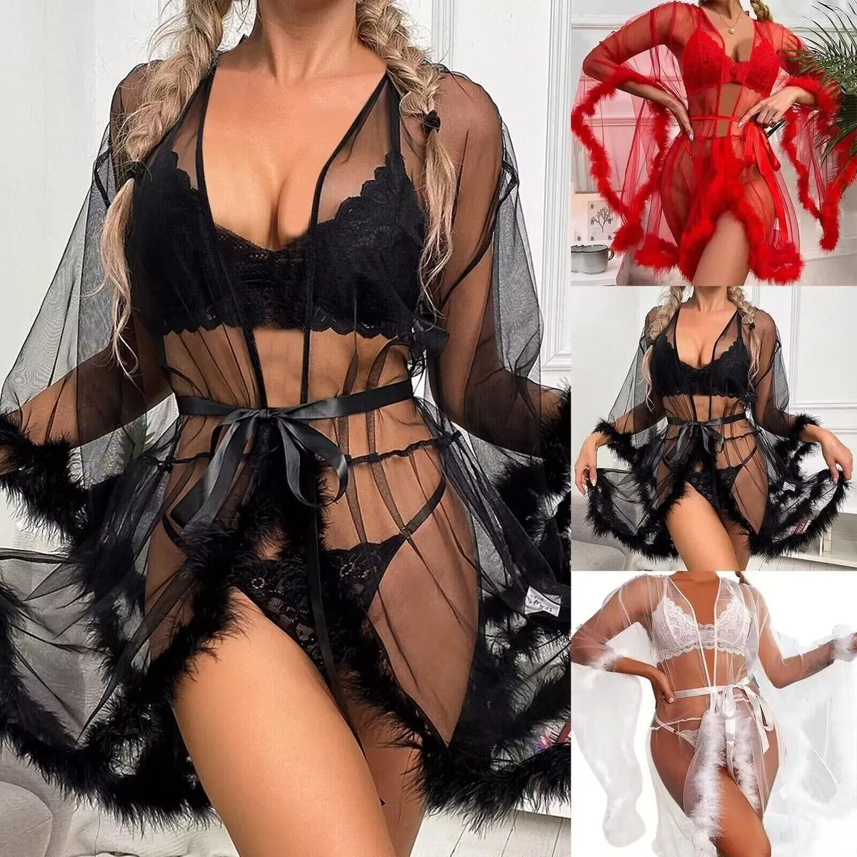 Women Fashion Solid Color Mesh Hollow Perspective Plush Edge One-Piece Nightgown Sexy Lingerie