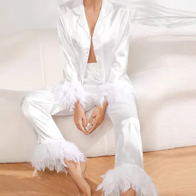 Women Fashion Casual Solid Color Ice Silk Plush Cuffs Long-Sleeve Cardigan Loose Pants Pajamas Two-Piece Set