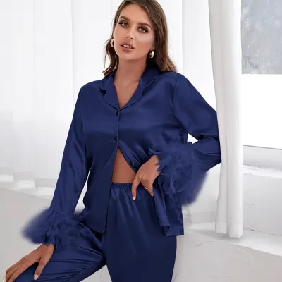 Women Fashion Casual Solid Color Ice Silk Plush Cuffs Long-Sleeve Cardigan Loose Pants Pajamas Two-Piece Set