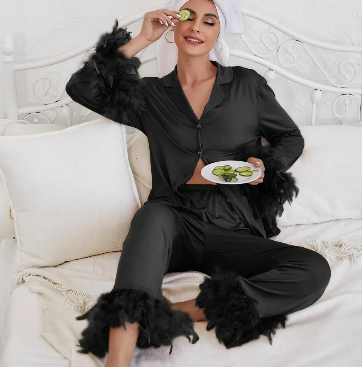 Women Fashion Casual Solid Color Ice Silk Plush Cuffs Long-Sleeve Cardigan Loose Pants Pajamas Two-Piece Set