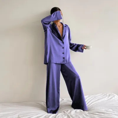 Women Fashion Casual Summer Solid Color Ice Silk Long-Sleeve Cardigan Loose Pants Pajamas Two-Piece Set