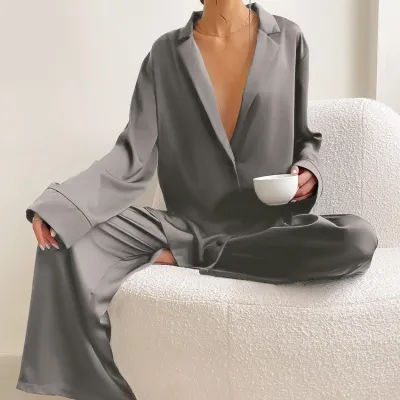 Women Fashion Casual Summer Solid Color Ice Silk Long-Sleeve Cardigan Loose Pants Pajamas Two-Piece Set