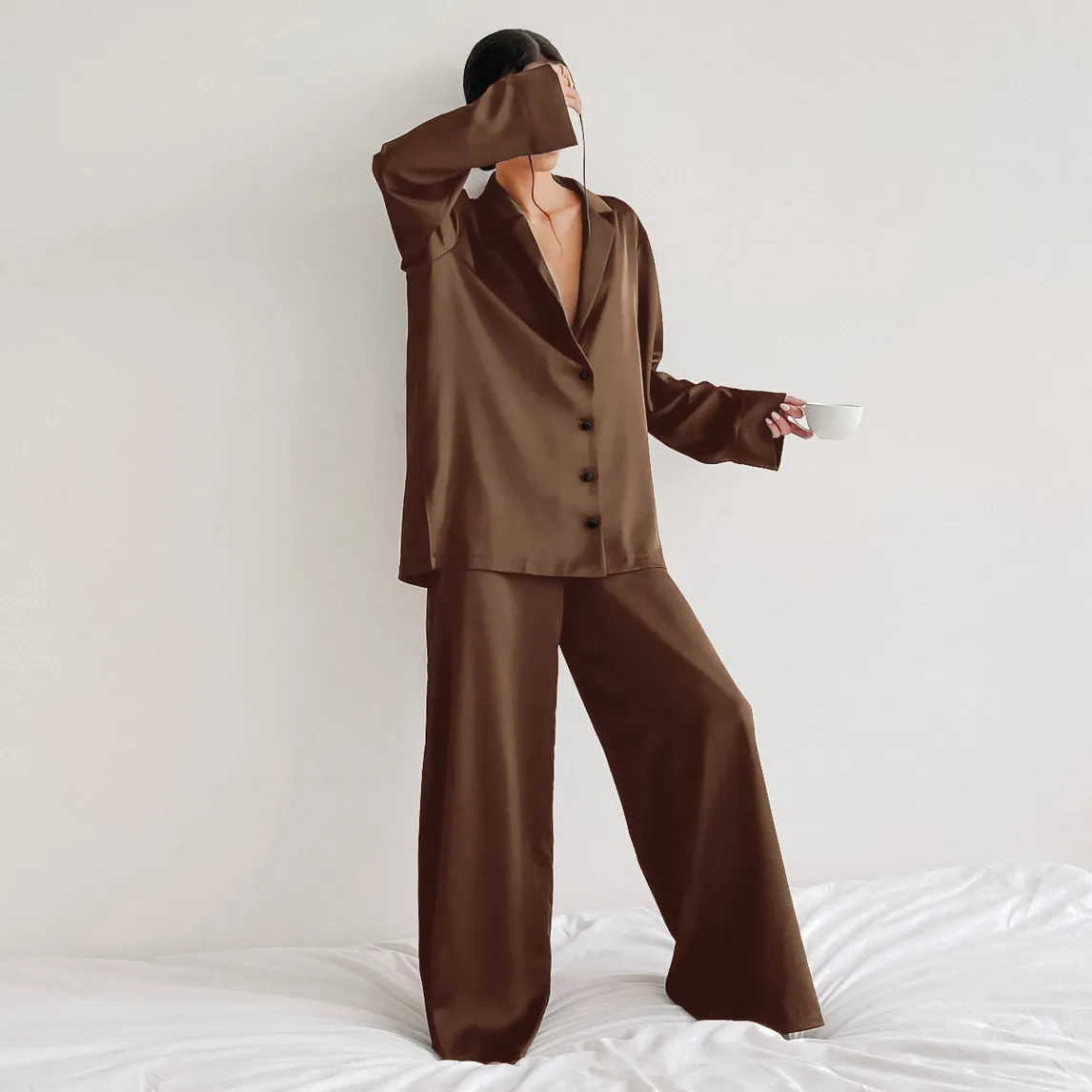 Women Fashion Casual Summer Solid Color Ice Silk Long-Sleeve Cardigan Loose Pants Pajamas Two-Piece Set