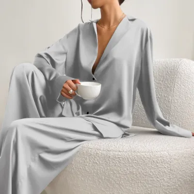 Women Fashion Casual Summer Solid Color Ice Silk Long-Sleeve Cardigan Loose Pants Pajamas Two-Piece Set