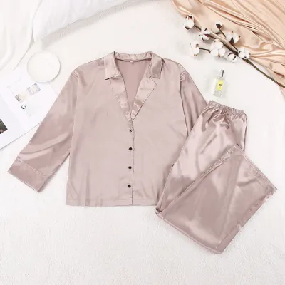 Women Fashion Casual Summer Solid Color Ice Silk Long-Sleeve Cardigan Loose Pants Pajamas Two-Piece Set