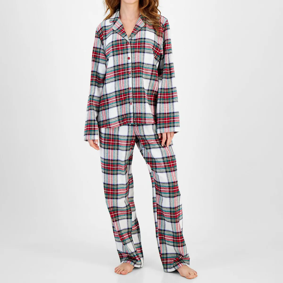 Women'S Fashion Casual Plaid Printed Lapel Long-Sleeve Cardigan Loose Pants Pajamas Two-Piece Set