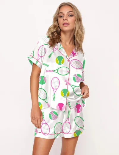 Women Fashion Casual Summer Digital Printed Lapel Short-Sleeve Cardigan Loose Shorts Two-Piece Set
