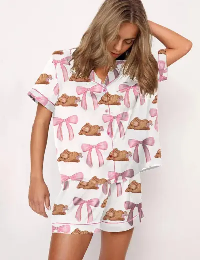 Women Fashion Casual Summer Digital Printed Lapel Short-Sleeve Cardigan Loose Shorts Two-Piece Set