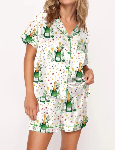 Women Fashion Casual Summer Digital Printed Lapel Short-Sleeve Cardigan Loose Shorts Two-Piece Set