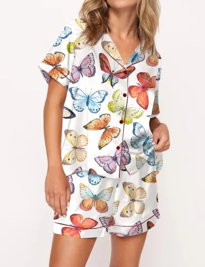 Women Fashion Casual Summer Digital Printed Lapel Short-Sleeve Cardigan Loose Shorts Two-Piece Set