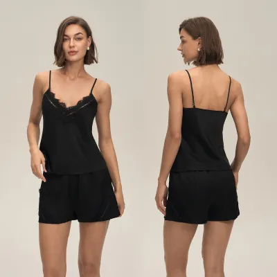 Women Fashion Sexy Solid Color Lace Stitching Camisole Loose Shorts Pajamas Two-Piece Set