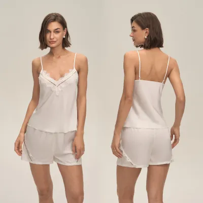 Women Fashion Sexy Solid Color Lace Stitching Camisole Loose Shorts Pajamas Two-Piece Set