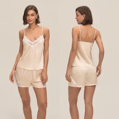 Women Fashion Sexy Solid Color Lace Stitching Camisole Loose Shorts Pajamas Two-Piece Set