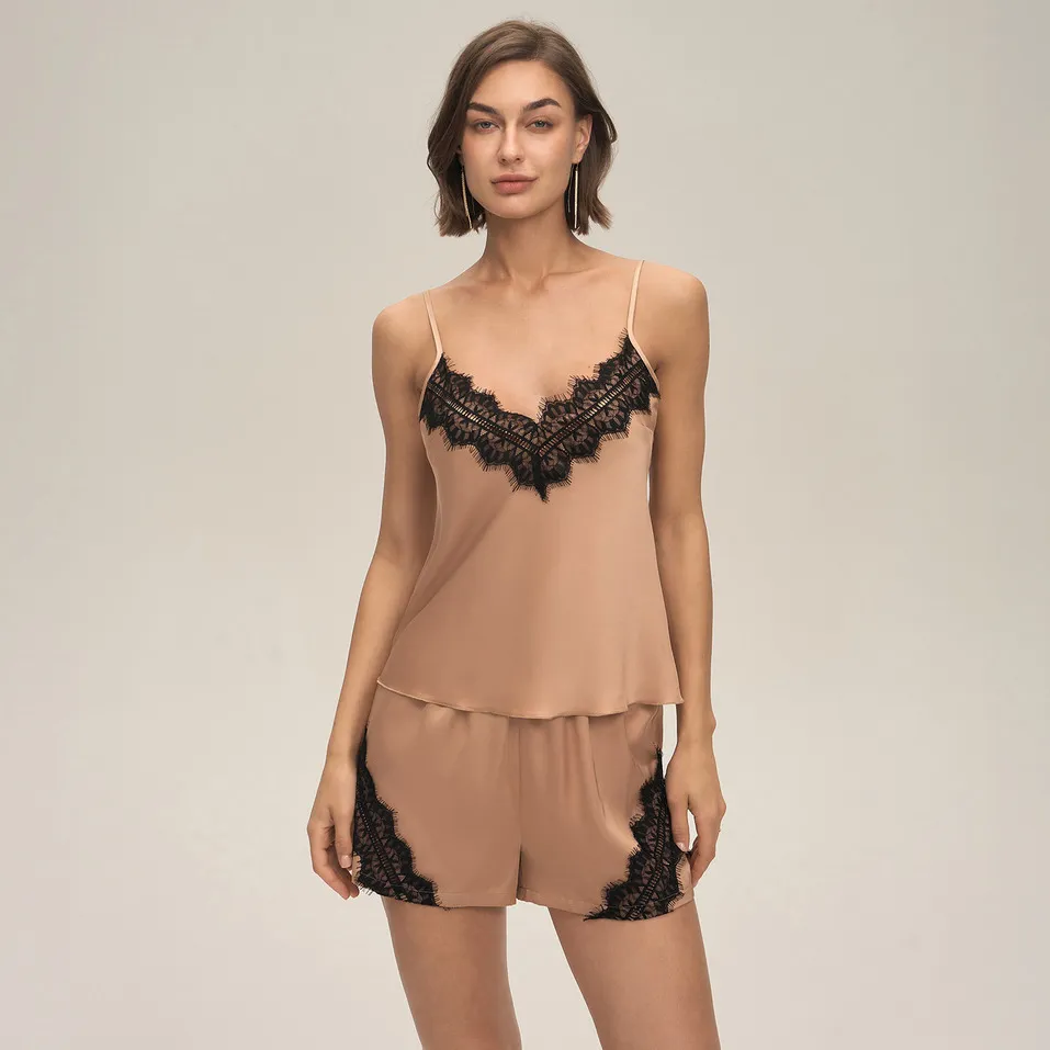 Women Fashion Sexy Solid Color Lace Stitching Camisole Loose Shorts Pajamas Two-Piece Set