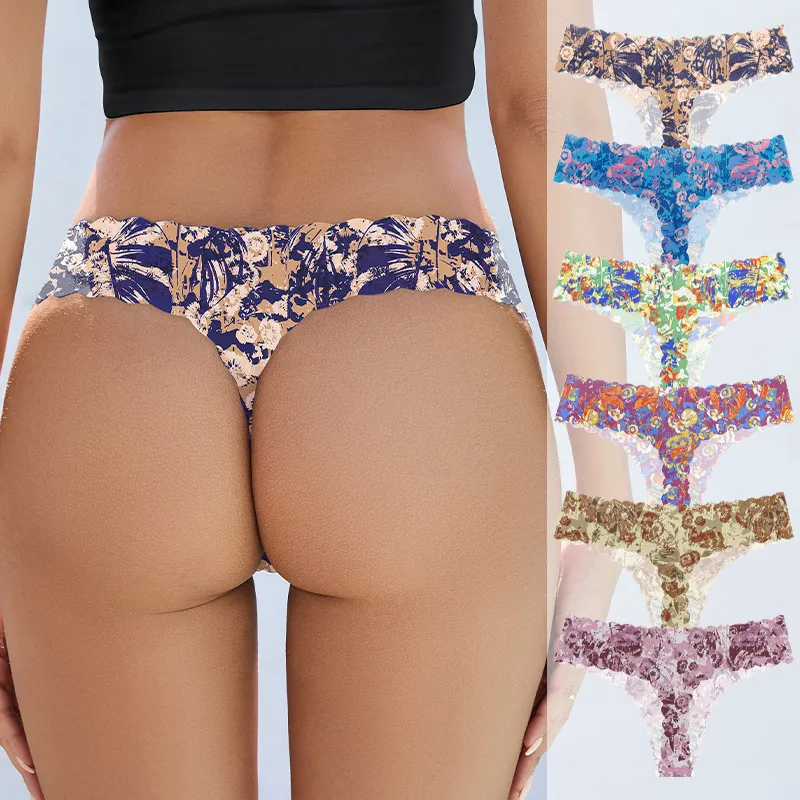 Women Fashion Sexy Printed Invisible Wave Edge Breathable Low Waist Thongs
