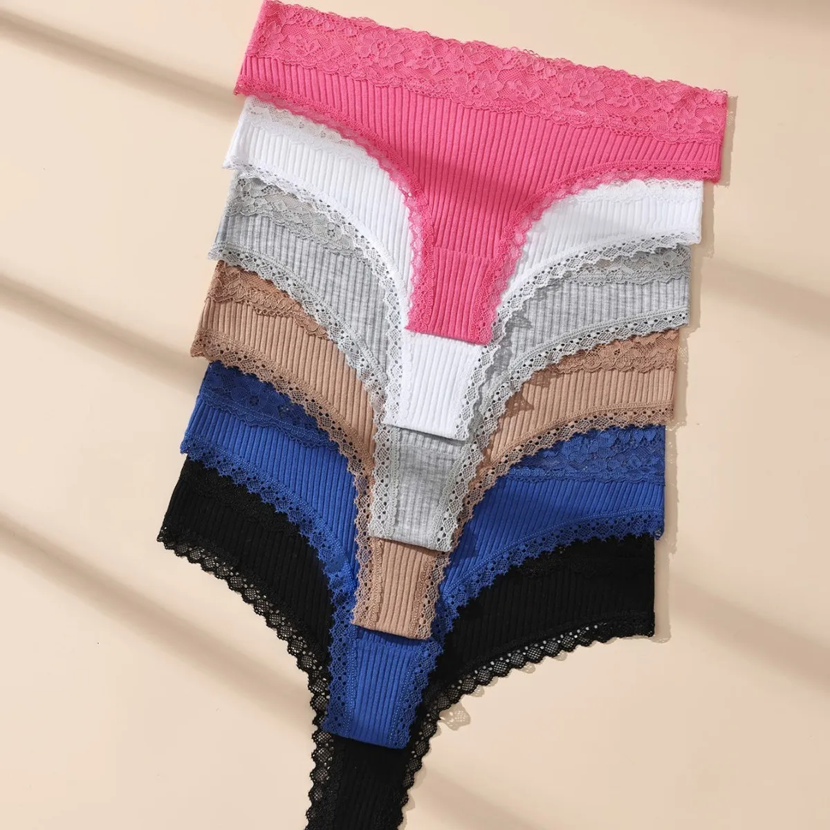 Women Fashion Sexy Solid Color Lace Cotton Thong