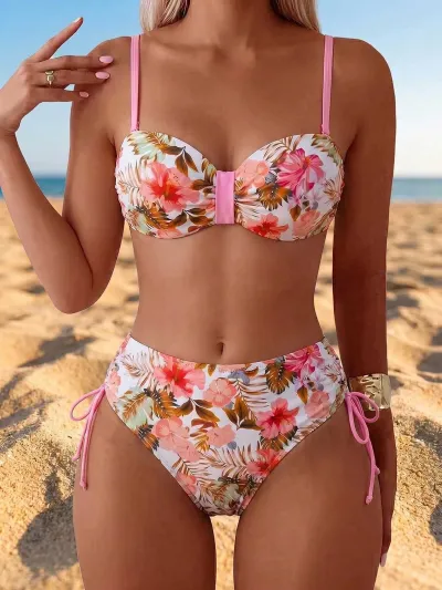 Women Fashion Sexy Geometric Pattern Printed Drawstring Bikini Swimsuit