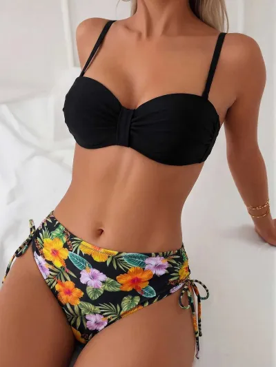 Women Fashion Sexy Geometric Pattern Printed Drawstring Bikini Swimsuit