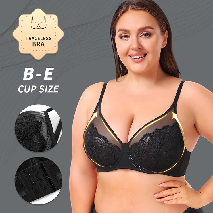 Women Fashion Sexy Plus Size Solid Color Lace Push-Up Ultra-Thin Bra