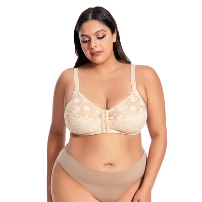 Women Fashion Sexy Plus Size Solid Color Non-Rims Lace Front Clasp Bra