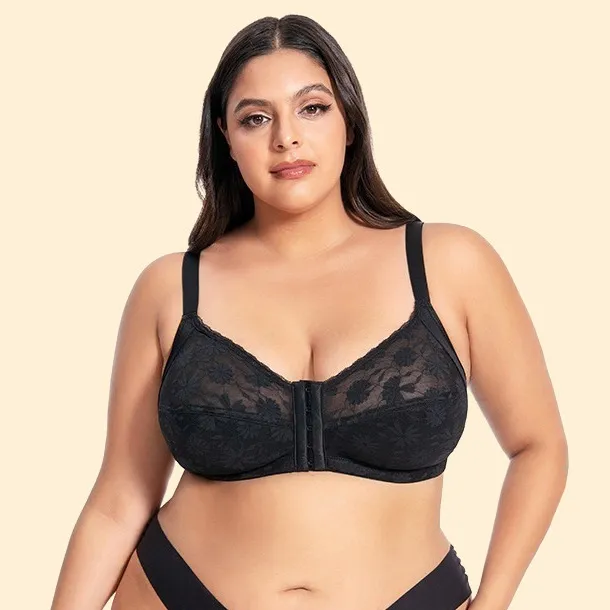 Women Fashion Sexy Plus Size Solid Color Non-Rims Lace Front Clasp Bra
