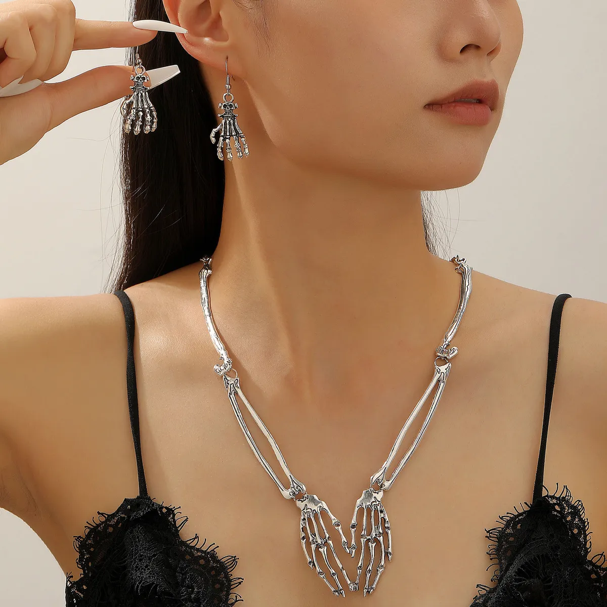 Halloween Women Fashion Dark Style Skull Ghost Claw Necklace Finger Bone Earrings Set