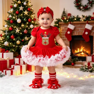Conjunto de cuatro piezas para bebé niña: pelele de manga corta, calcetines, zapatos y diadema, ideal para Navidad.