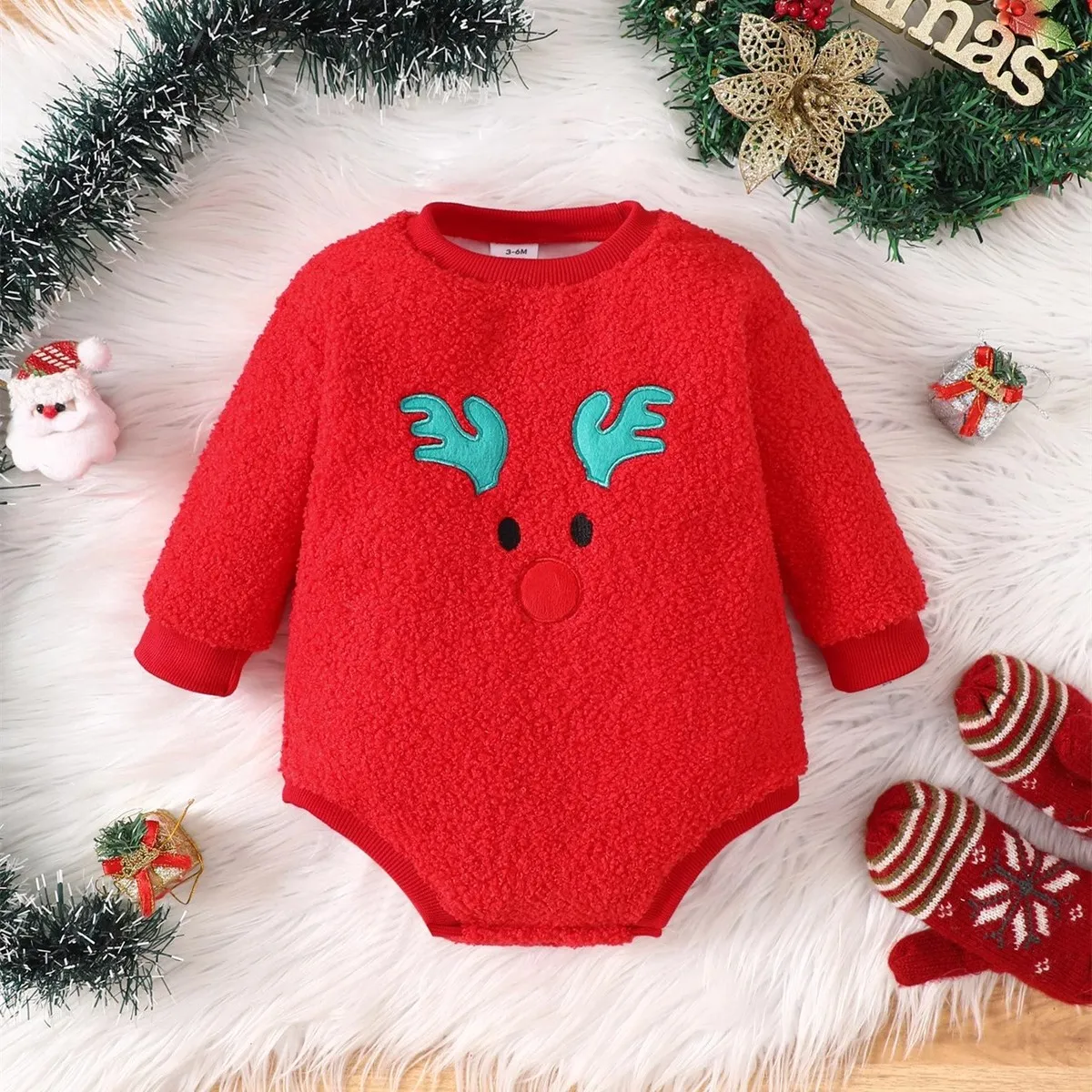 Kids Baby Boys And Girls Fashion Christmas Autumn And Winter Fawn Embroidered Plush Long-Sleeve Rompers