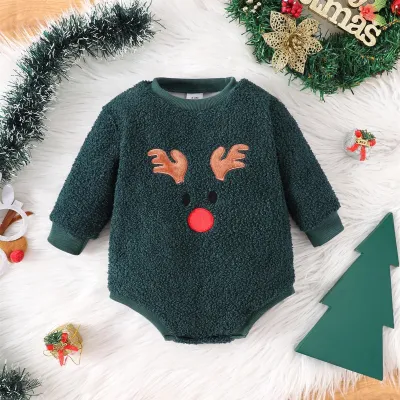 Kids Baby Boys And Girls Fashion Christmas Autumn And Winter Fawn Embroidered Plush Long-Sleeve Rompers