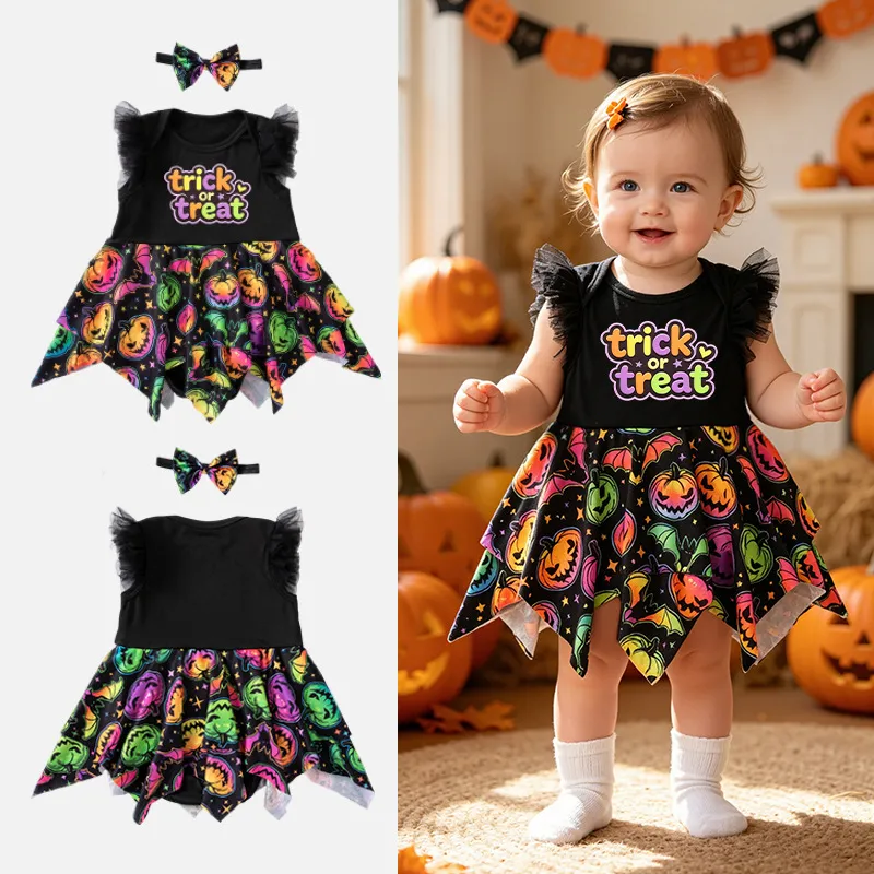 Kids Baby Girl'S Halloween Pumpkin Print Flying Sleeve Dress Set