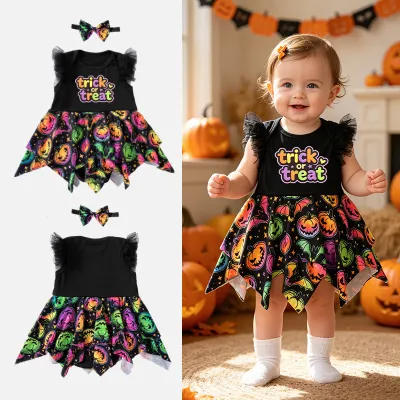 Kids Baby Girl'S Halloween Pumpkin Print Flying Sleeve Dress Set