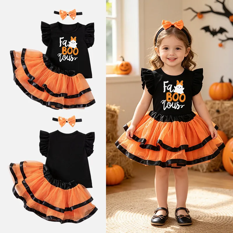 Kids Girls Fashion Halloween Printed Flying Sleeve T-Shirt Mesh Skirts Hairband Three Piece-Set