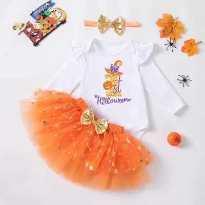 Kids Baby Girls Fashion Halloween Printed Long Sleeve Rompers Star Mesh Skirt Hairband Three-Piece Set