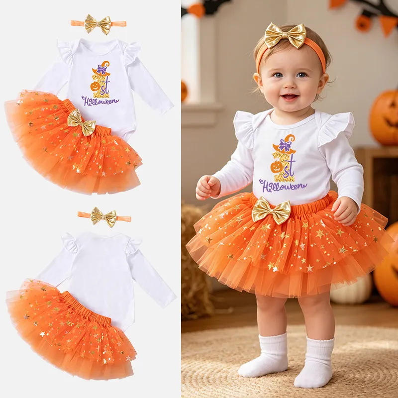 Kids Baby Girls Fashion Halloween Printed Long Sleeve Rompers Star Mesh Skirt Hairband Three-Piece Set