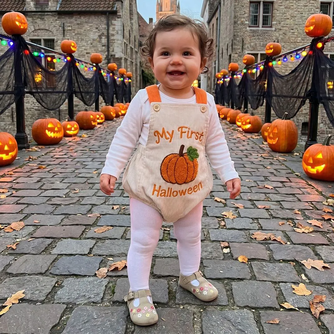 Kids Baby Boys And Girls Fashion Halloween Pumpkin Embroidered Waffle-Weave Rompers
