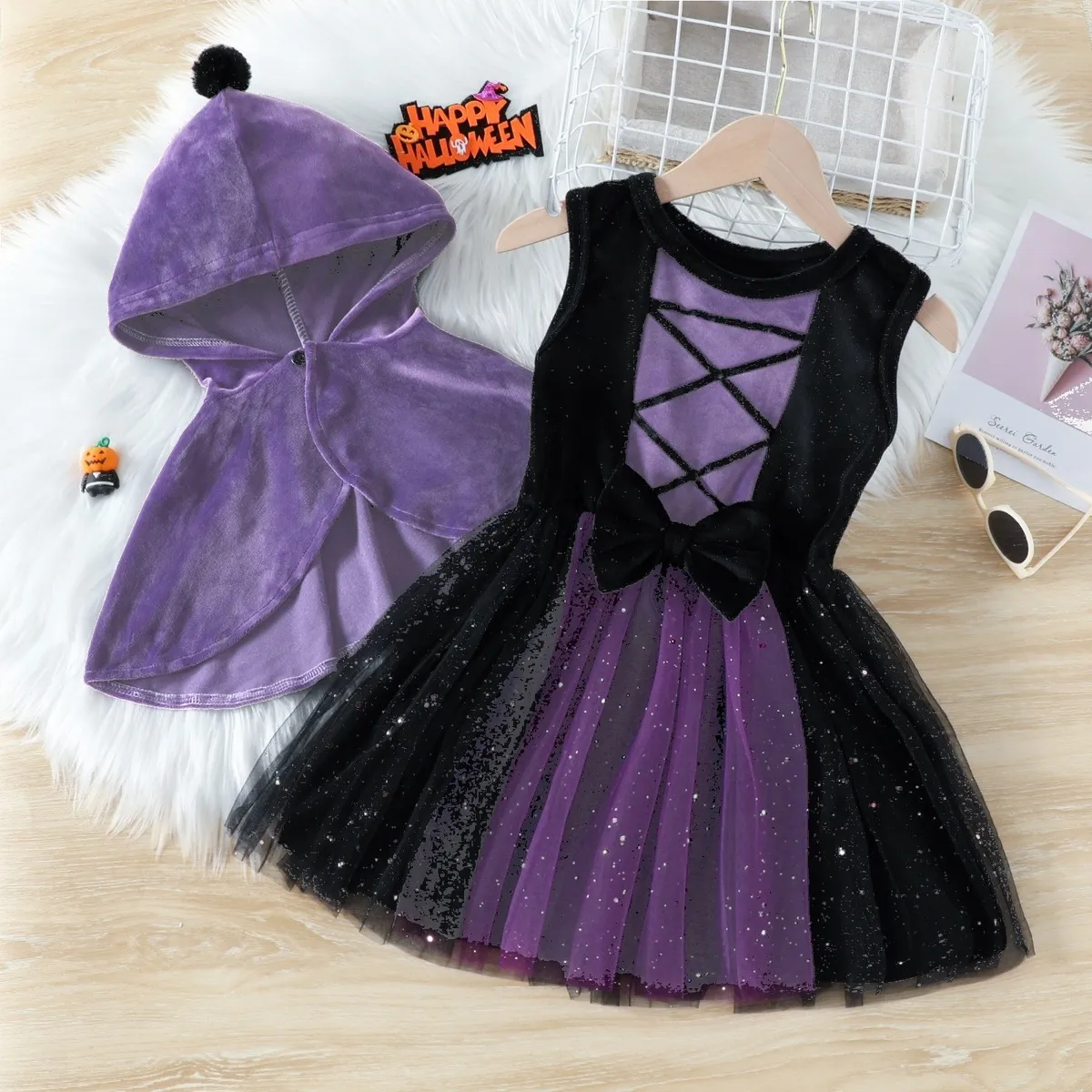Kids Girls Fashion Halloween Silver Velvet Hooded Cloak Sleeveless Bow Mesh Two-Piece Dress Two-Piece Set