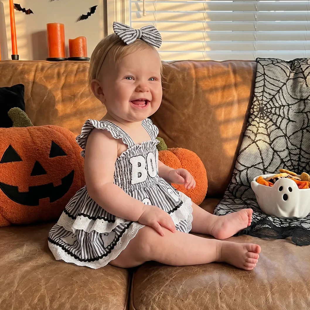 Kids Baby Girls Fashion Cute Halloween Ghost Embroidered Stripe Dress Rompers Hairband Two-Piece Set