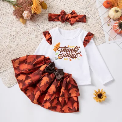 Kids Girls Fashion Halloween Elements Long Sleeve T-Shirt Ruffled Mini Skirt Hairband Three-Piece Set