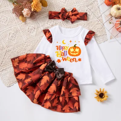 Kids Girls Fashion Halloween Elements Long Sleeve T-Shirt Ruffled Mini Skirt Hairband Three-Piece Set