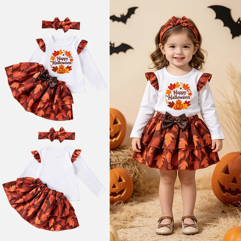 Kids Girls Fashion Halloween Elements Long Sleeve T-Shirt Ruffled Mini Skirt Hairband Three-Piece Set