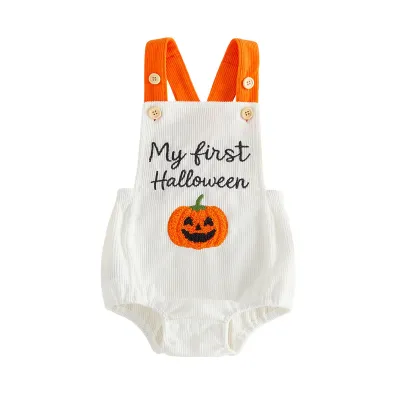 Kids Baby Boys And Girls Halloween Cute Pumpkin Ghost Embroidered Strap Rompers
