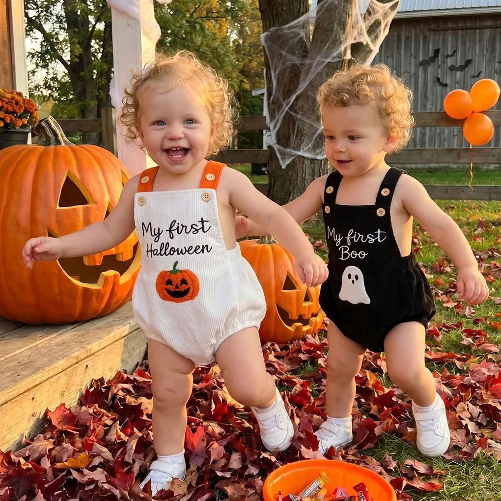 Kids Baby Boys And Girls Halloween Cute Pumpkin Ghost Embroidered Strap Rompers